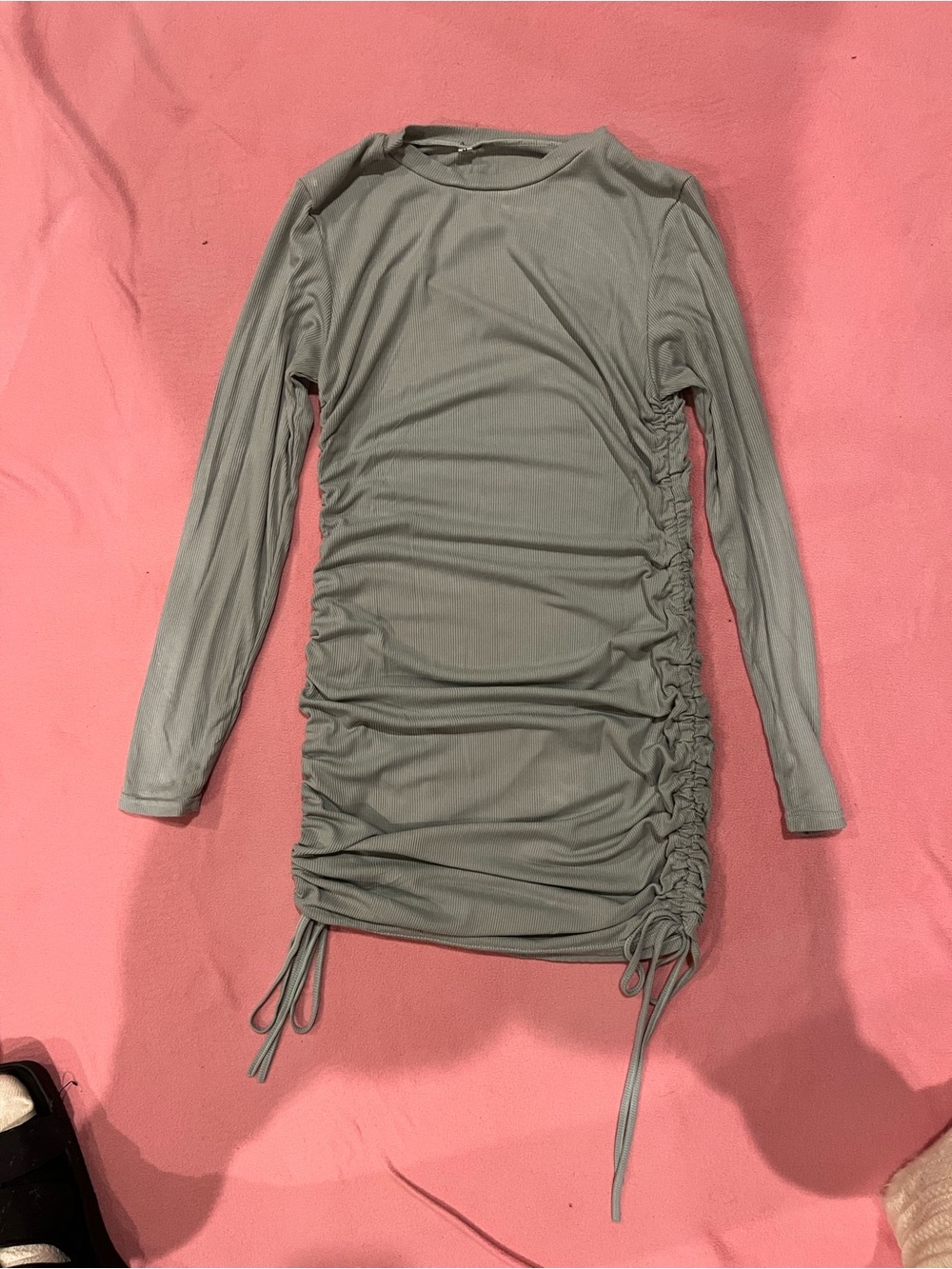 Long Sleeve Ruched Side Drawstring Mini Dress - Sage Green
